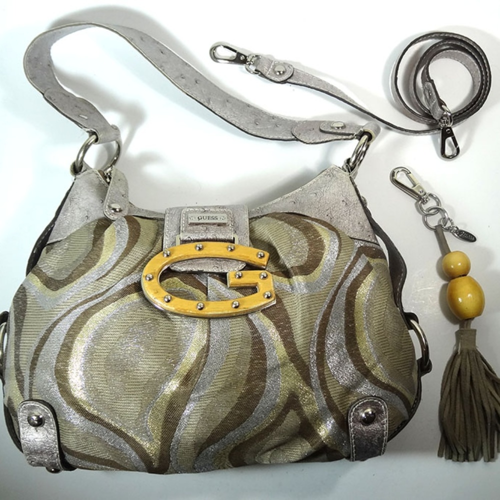 Guess Samba Metallic Satchel Wood Logo Bag Purse